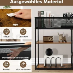 Schmaler 4 Ebenen Konsolentisch mit Drahtkorb & Stahlrahmen & Kippschutz Braun + Schwarz