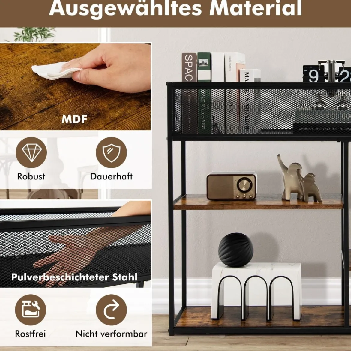 Schmaler 4 Ebenen Konsolentisch mit Drahtkorb & Stahlrahmen & Kippschutz Braun + Schwarz