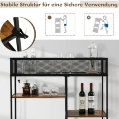 Schmaler 4 Ebenen Konsolentisch mit Drahtkorb & Stahlrahmen & Kippschutz Braun + Schwarz