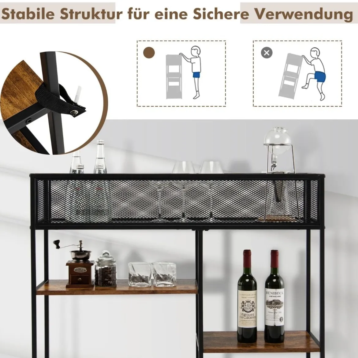Schmaler 4 Ebenen Konsolentisch mit Drahtkorb & Stahlrahmen & Kippschutz Braun + Schwarz