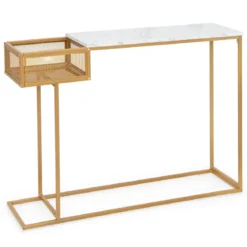 Schmaler Konsolentisch aus Weißem Kunstmarmor mit Goldenem Metallrahmen & Korb