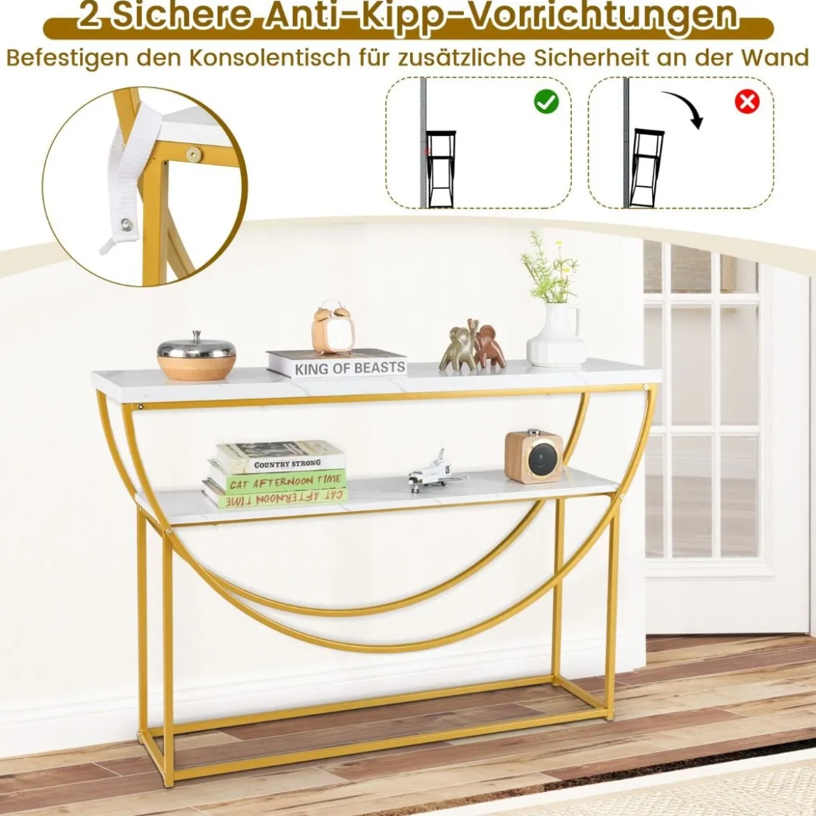Schmaler Konsolentisch mit Marmorplatte 2 Ebenen Sofatisch Eingangstisch 120 x 30 x 80,5 cm