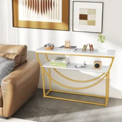 Schmaler Konsolentisch mit Marmorplatte 2 Ebenen Sofatisch Eingangstisch 120 x 30 x 80,5 cm
