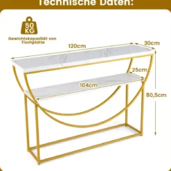 Schmaler Konsolentisch mit Marmorplatte 2 Ebenen Sofatisch Eingangstisch 120 x 30 x 80,5 cm