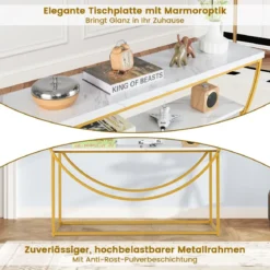 Schmaler Konsolentisch mit Marmorplatte 2 Ebenen Sofatisch Eingangstisch 120 x 30 x 80,5 cm