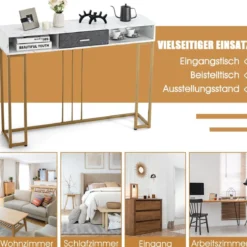 Schmaler 2-stöckiger Konsolentisch mit Schublade & Goldenem Stahlrahmen Weiß