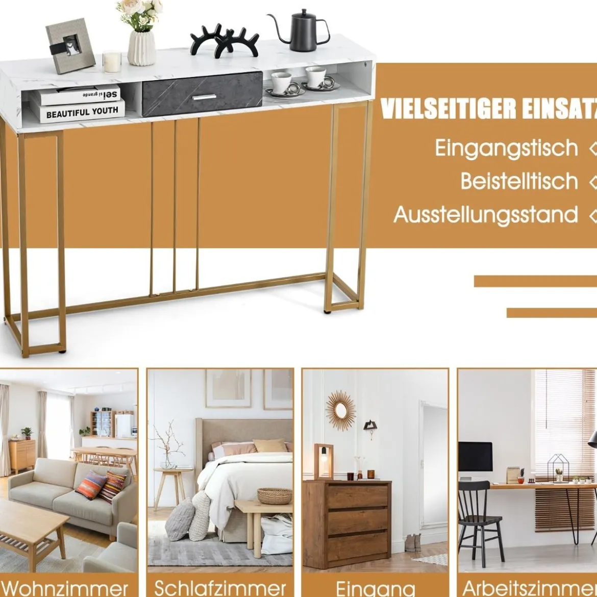Schmaler 2-stöckiger Konsolentisch mit Schublade & Goldenem Stahlrahmen Weiß