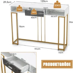Schmaler 2-stöckiger Konsolentisch mit Schublade & Goldenem Stahlrahmen Weiß