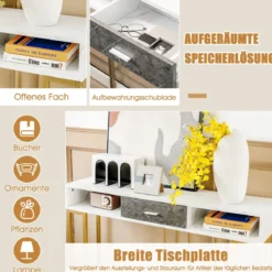 Schmaler 2-stöckiger Konsolentisch mit Schublade & Goldenem Stahlrahmen Weiß