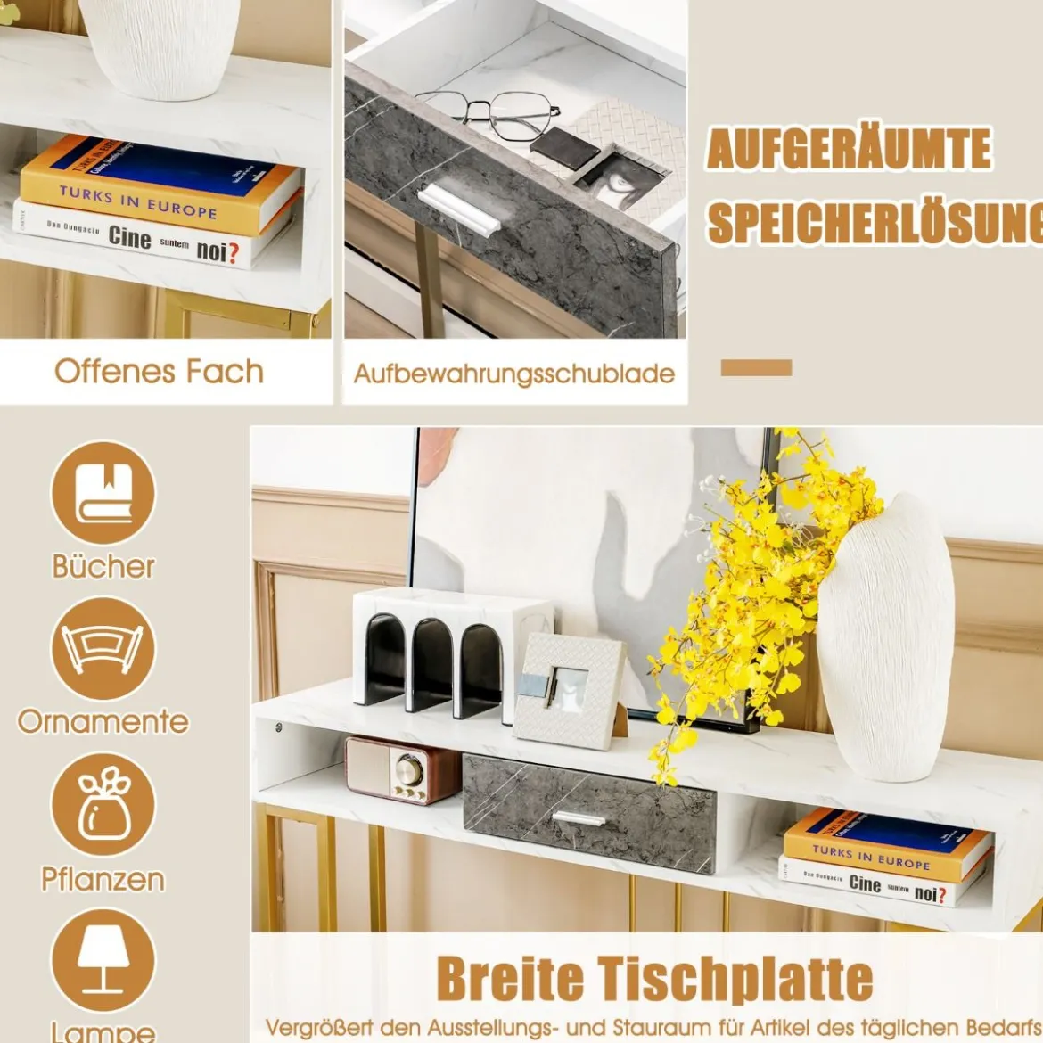 Schmaler 2-stöckiger Konsolentisch mit Schublade & Goldenem Stahlrahmen Weiß
