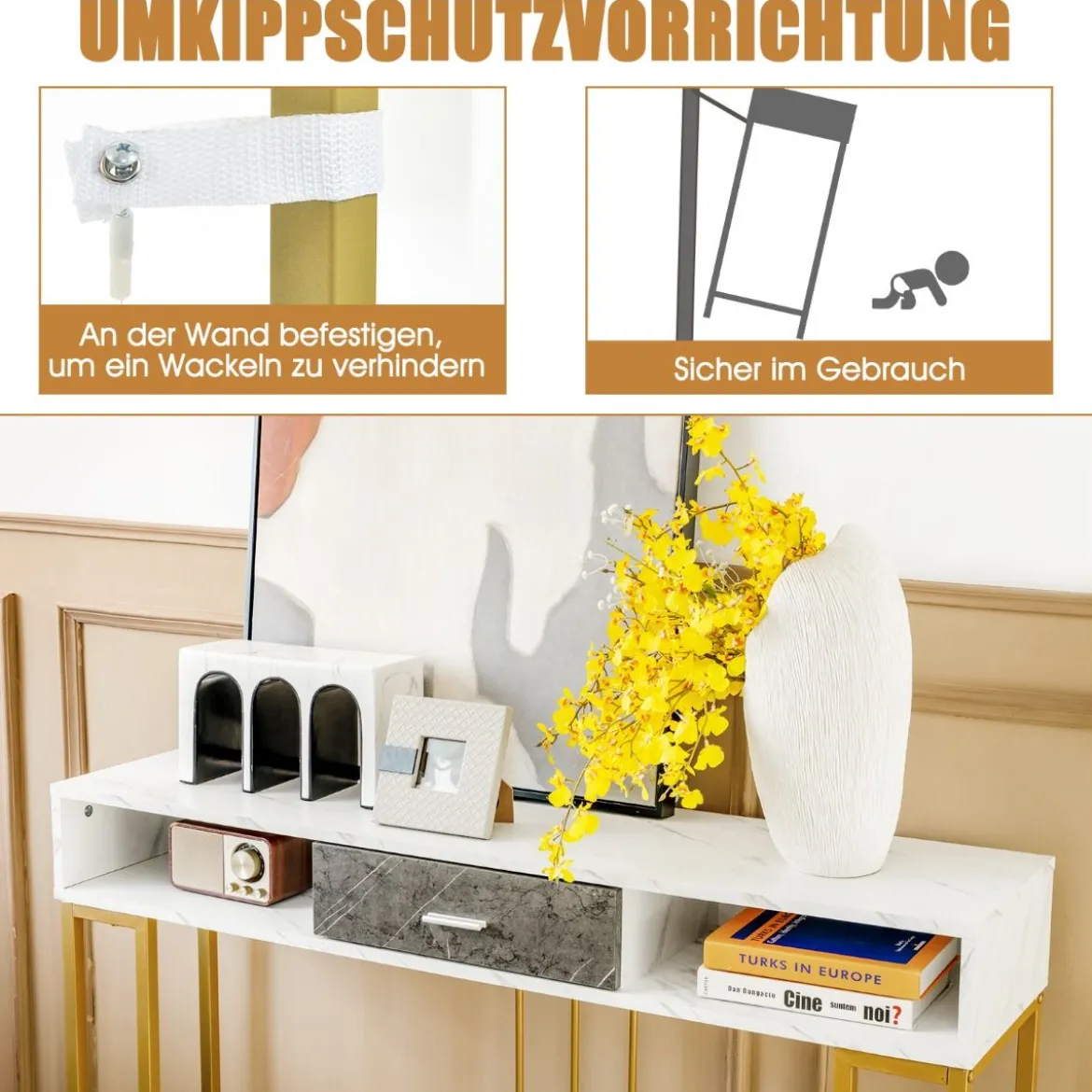 Schmaler 2-stöckiger Konsolentisch mit Schublade & Goldenem Stahlrahmen Weiß