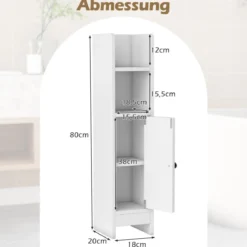Schmaler Toilettenschrank mit 2 Offenen Fächern & 2 Abnehmbarer Ablage Badschrank Weiß