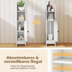 Schmaler Toilettenschrank mit 2 Offenen Fächern & 2 Abnehmbarer Ablage Badschrank Weiß