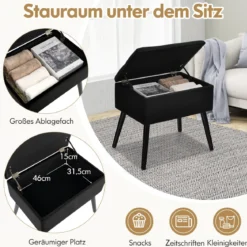 Schminkhocker mit Stauraum Polsterhocker mit Aufklappbarem Gepolstertem Sitz Schwarz