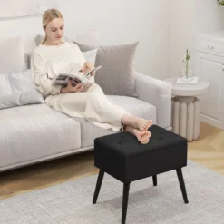 Schminkhocker mit Stauraum Polsterhocker mit Aufklappbarem Gepolstertem Sitz Schwarz