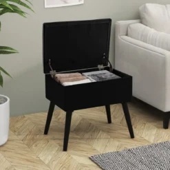 Schminkhocker mit Stauraum Polsterhocker mit Aufklappbarem Gepolstertem Sitz Schwarz