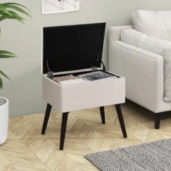 Schminkhocker mit Stauraum Polsterhocker mit Aufklappbarem Gepolstertem Sitz Beige