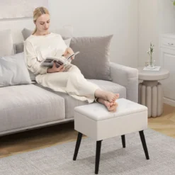 Schminkhocker mit Stauraum Polsterhocker mit Aufklappbarem Gepolstertem Sitz Beige