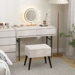Schminkhocker mit Stauraum Polsterhocker mit Aufklappbarem Gepolstertem Sitz Beige