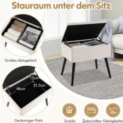 Schminkhocker mit Stauraum Polsterhocker mit Aufklappbarem Gepolstertem Sitz Beige
