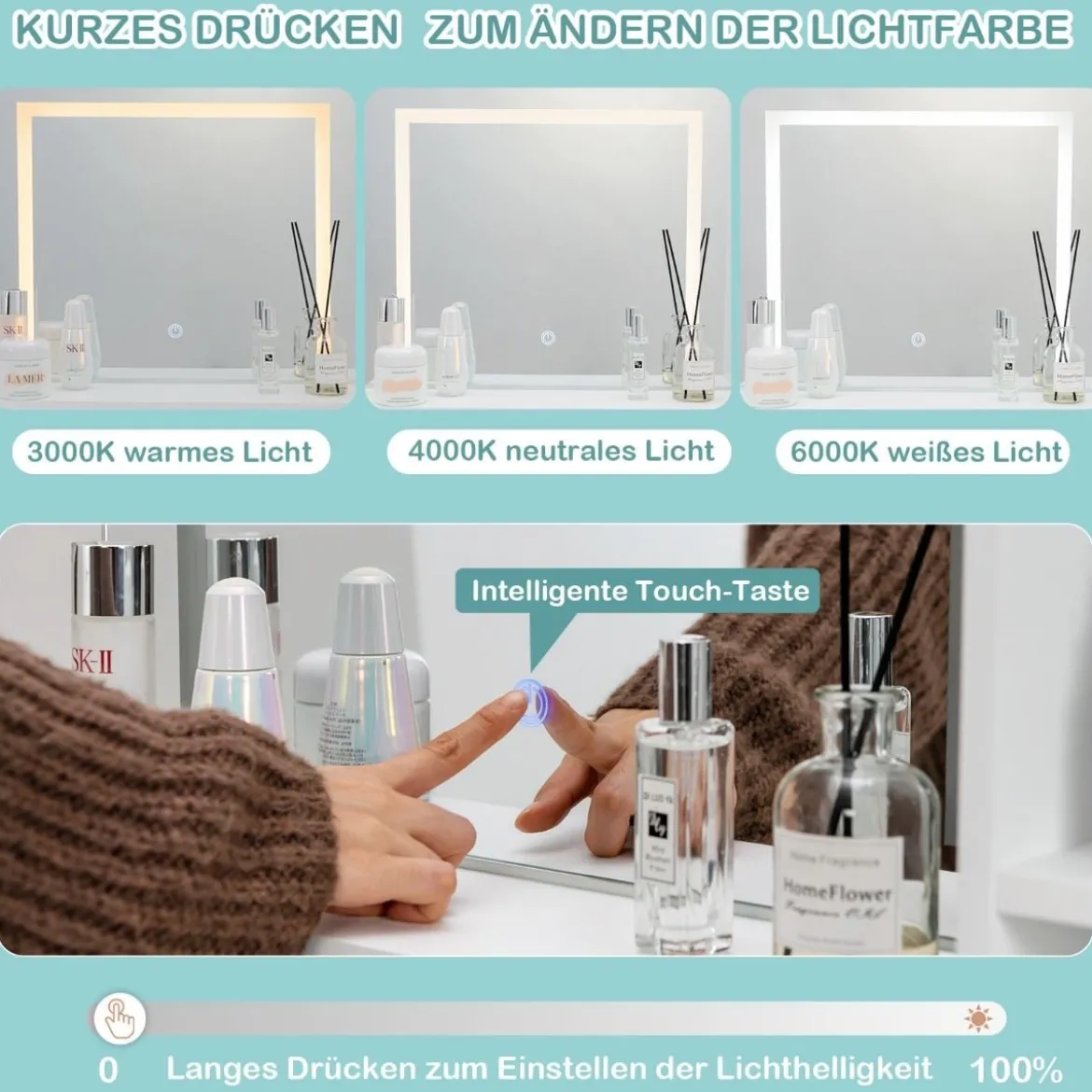 Schminkset mit Großem Spiegel Schminktisch mit Gepolstertem Hocker Weiß