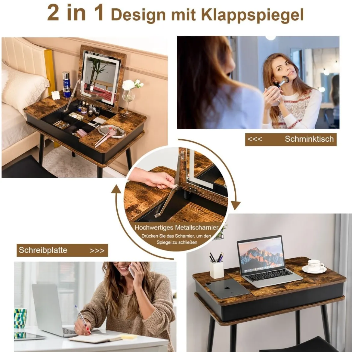 Schminkset mit Klappspiegel 2-in-1-Schminktisch & Schreibtisch 80 x 50 x 76 cm Braun