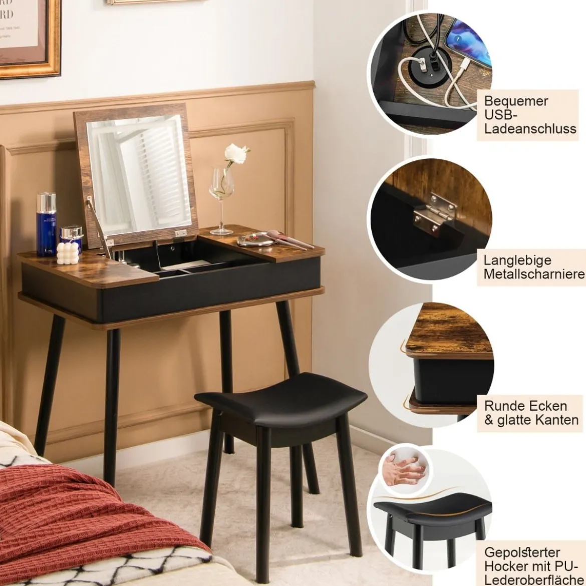 Schminkset mit Klappspiegel 2-in-1-Schminktisch & Schreibtisch 80 x 50 x 76 cm Braun