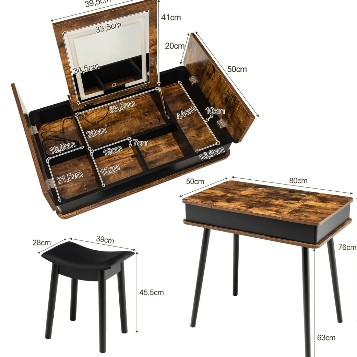 Schminkset mit Klappspiegel 2-in-1-Schminktisch & Schreibtisch 80 x 50 x 76 cm Braun
