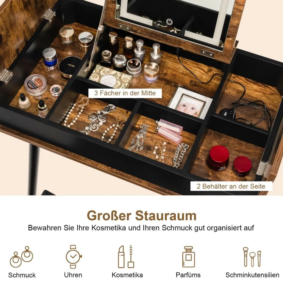 Schminkset mit Klappspiegel 2-in-1-Schminktisch & Schreibtisch 80 x 50 x 76 cm Braun