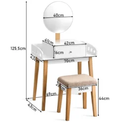 Schminktisch Frisiertisch Schminkkommode mit Spiegel und Hocker Weiß Holz 69 x 43 x 125,5 cm