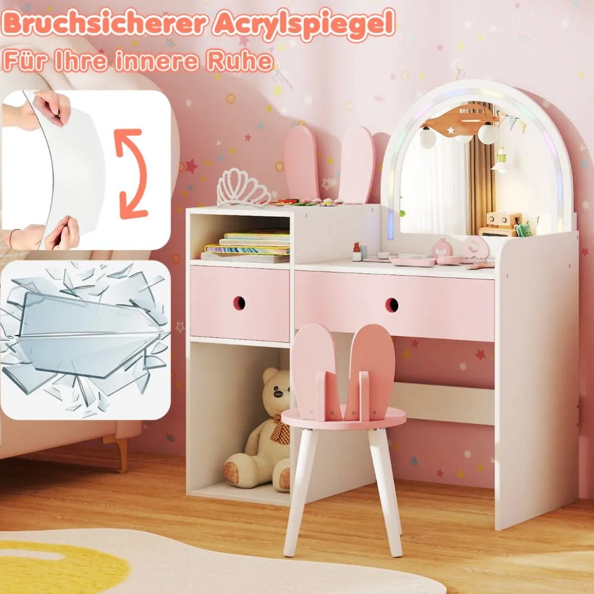 Schminktisch für Kinder mit Beleuchtung Kosmetiktisch mit beleuchtetem Spiegel Frisierkommode mit offenen Regalen Weiß
