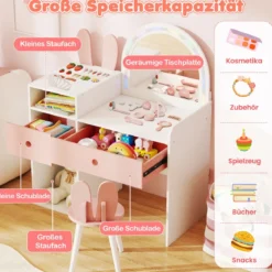 Schminktisch für Kinder mit Beleuchtung Kosmetiktisch mit beleuchtetem Spiegel Frisierkommode mit offenen Regalen Weiß