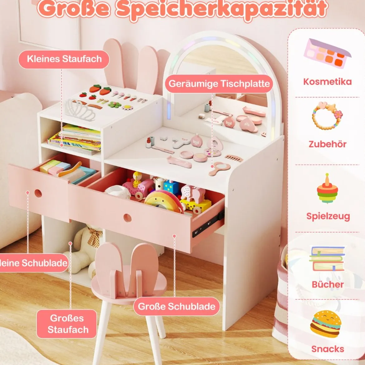 Schminktisch für Kinder mit Beleuchtung Kosmetiktisch mit beleuchtetem Spiegel Frisierkommode mit offenen Regalen Weiß