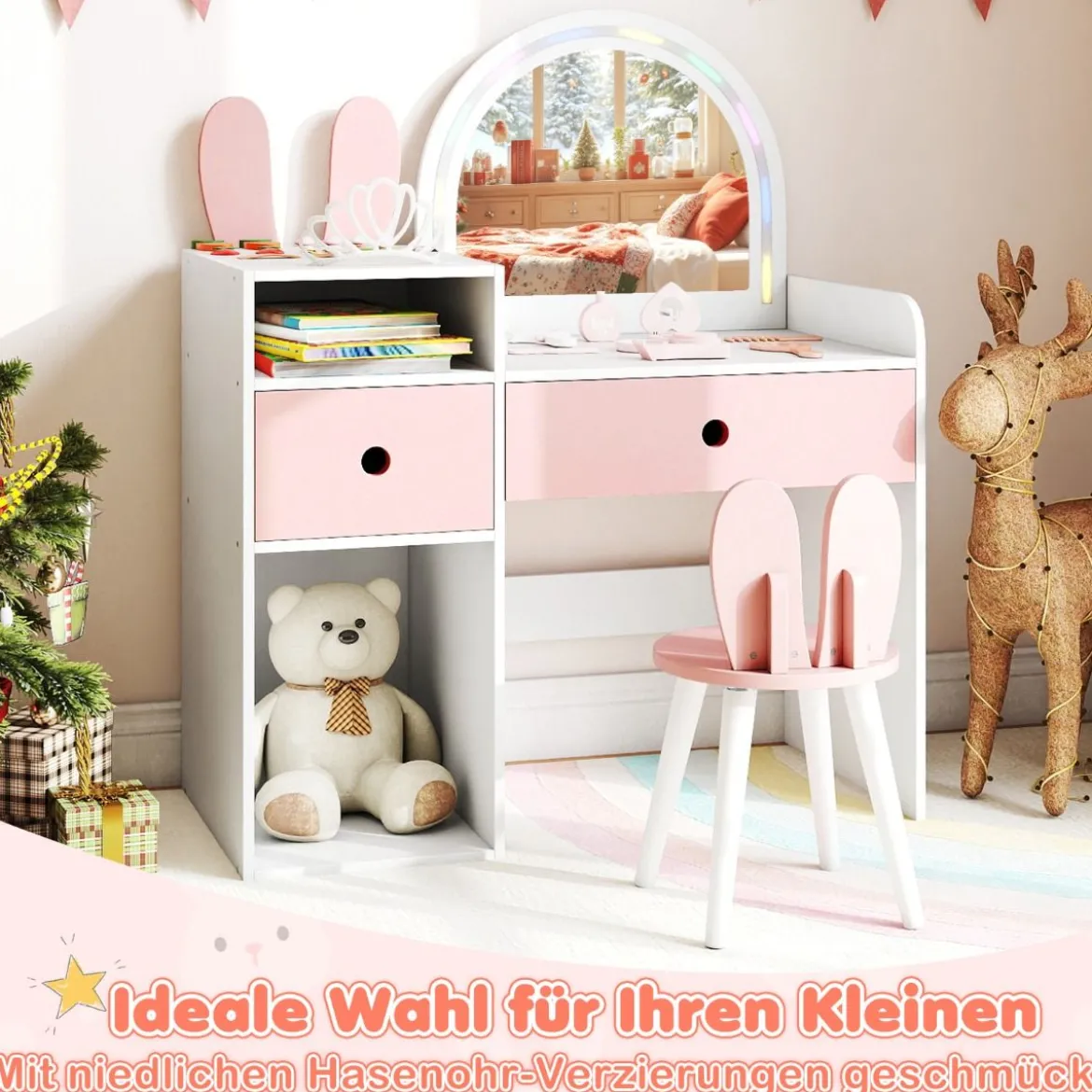 Schminktisch für Kinder mit Beleuchtung Kosmetiktisch mit beleuchtetem Spiegel Frisierkommode mit offenen Regalen Weiß