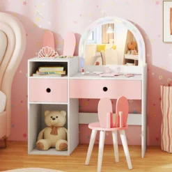 Schminktisch für Kinder mit Beleuchtung Kosmetiktisch mit beleuchtetem Spiegel Frisierkommode mit offenen Regalen Weiß