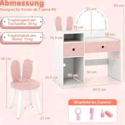 Schminktisch für Kinder mit Beleuchtung Kosmetiktisch mit beleuchtetem Spiegel Frisierkommode mit offenen Regalen Weiß