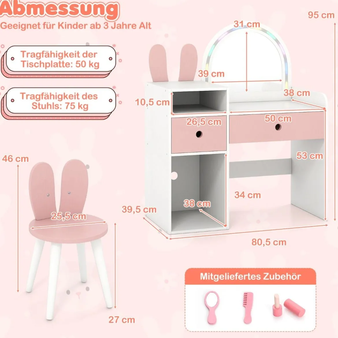 Schminktisch für Kinder mit Beleuchtung Kosmetiktisch mit beleuchtetem Spiegel Frisierkommode mit offenen Regalen Weiß