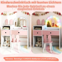 Schminktisch für Kinder mit Beleuchtung Kosmetiktisch mit beleuchtetem Spiegel Frisierkommode mit offenen Regalen Weiß