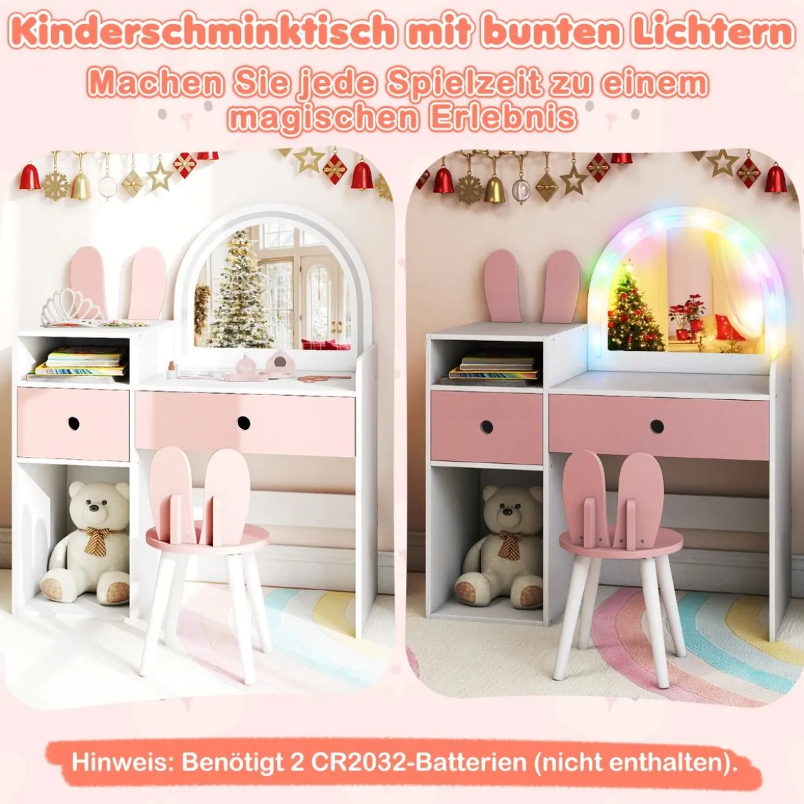 Schminktisch für Kinder mit Beleuchtung Kosmetiktisch mit beleuchtetem Spiegel Frisierkommode mit offenen Regalen Weiß