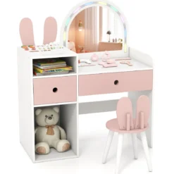 Schminktisch für Kinder mit Beleuchtung Kosmetiktisch mit beleuchtetem Spiegel Frisierkommode mit offenen Regalen Weiß