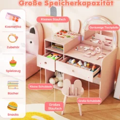 Schminktisch für Kinder mit Beleuchtung Kosmetiktisch mit beleuchtetem Spiegel Frisierkommode mit offenen Regalen Rosa