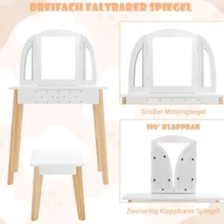 Schminktisch & Hocker aus Holz für Kinder mit klappbarem Spiegel 60 x 30 x 95 cm Weiß + Natur