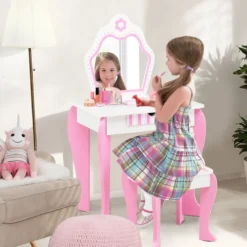 Schminktisch & Hocker-Set für Kinder mit Spiegel und Schublade 49 x 34 x 86,5 cm Rosa