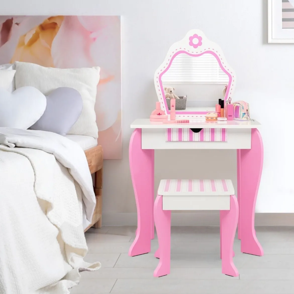 Schminktisch & Hocker-Set für Kinder mit Spiegel und Schublade 49 x 34 x 86,5 cm Rosa