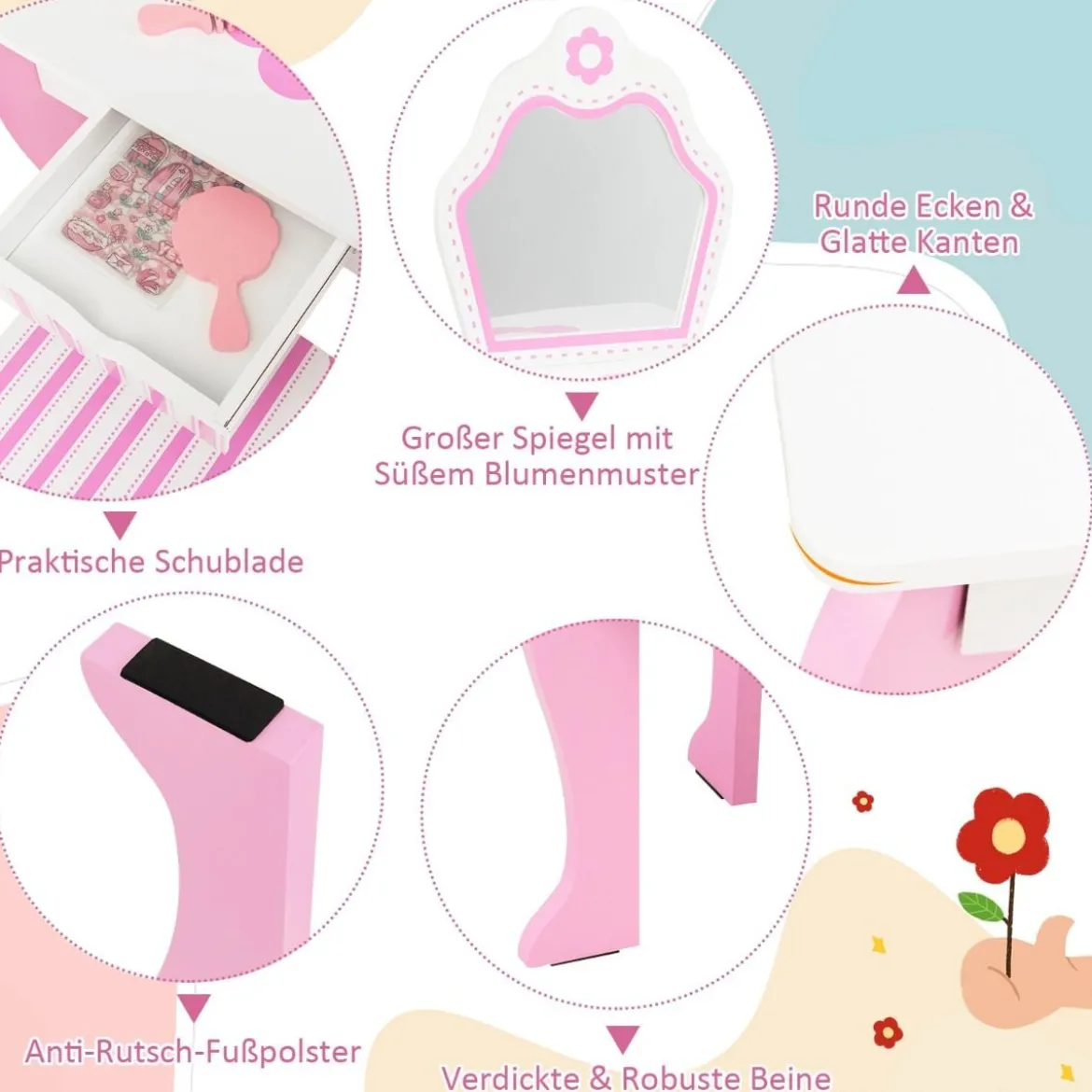 Schminktisch & Hocker-Set für Kinder mit Spiegel und Schublade 49 x 34 x 86,5 cm Rosa