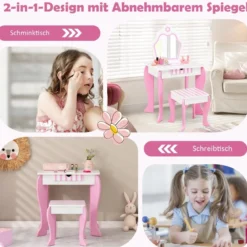 Schminktisch & Hocker-Set für Kinder mit Spiegel und Schublade 49 x 34 x 86,5 cm Rosa
