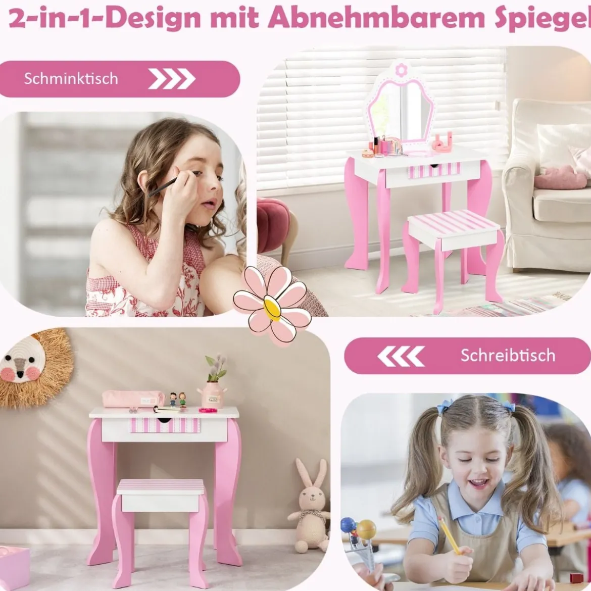 Schminktisch & Hocker-Set für Kinder mit Spiegel und Schublade 49 x 34 x 86,5 cm Rosa