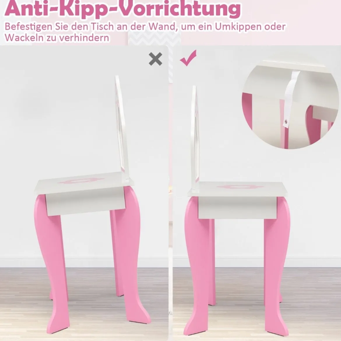 Schminktisch & Hocker-Set für Kinder mit Spiegel und Schublade 49 x 34 x 86,5 cm Rosa