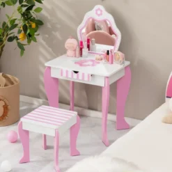 Schminktisch & Hocker-Set für Kinder mit Spiegel und Schublade 49 x 34 x 86,5 cm Rosa