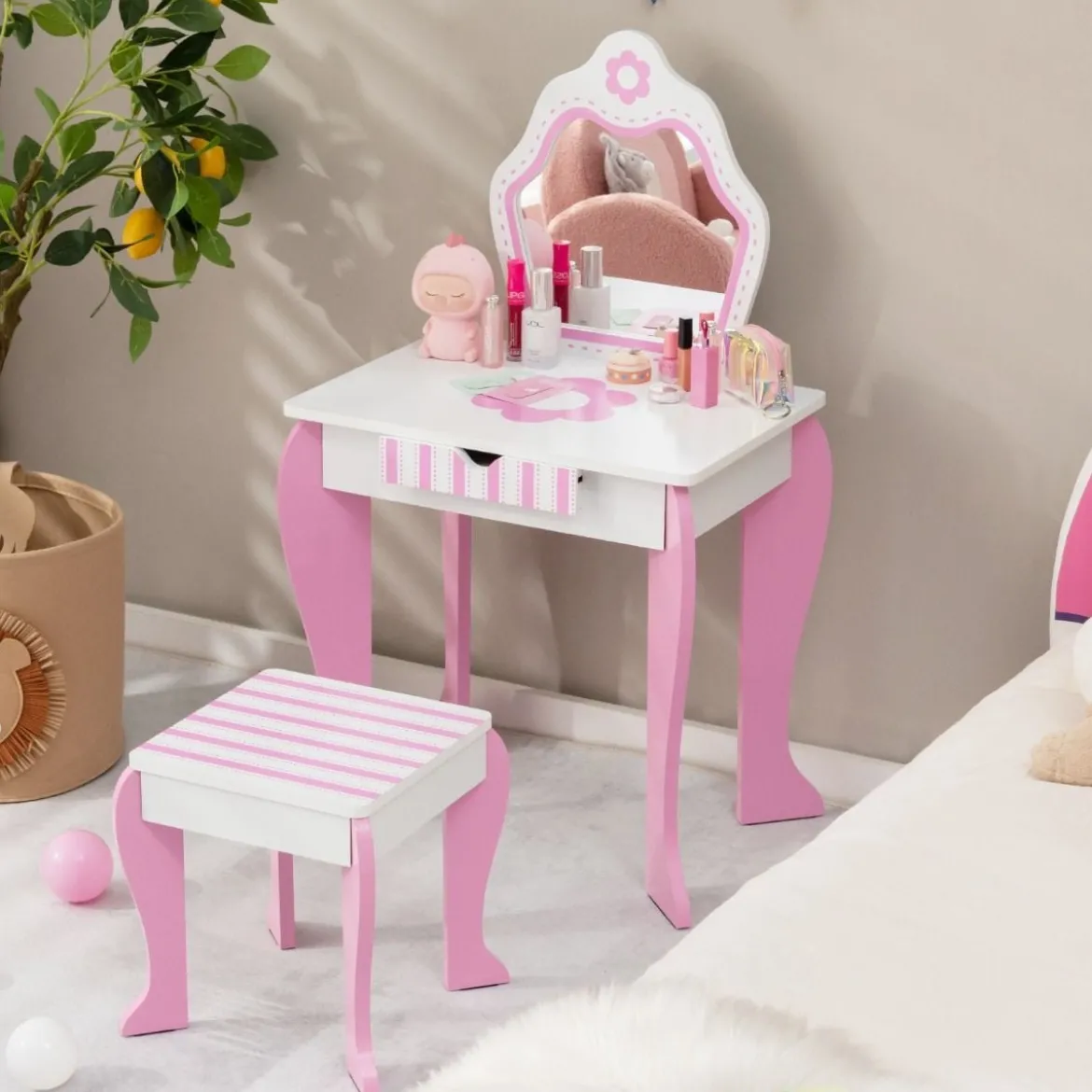 Schminktisch & Hocker-Set für Kinder mit Spiegel und Schublade 49 x 34 x 86,5 cm Rosa